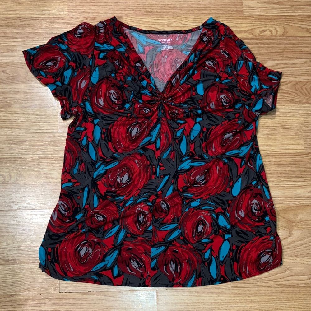 Lane Bryant Red and Blue Floral Blouse/Tee